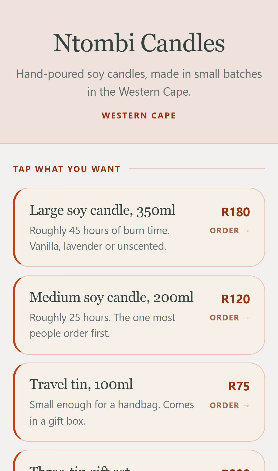 A seller page open on a phone: the business name, a photo, and items with prices ready to tap