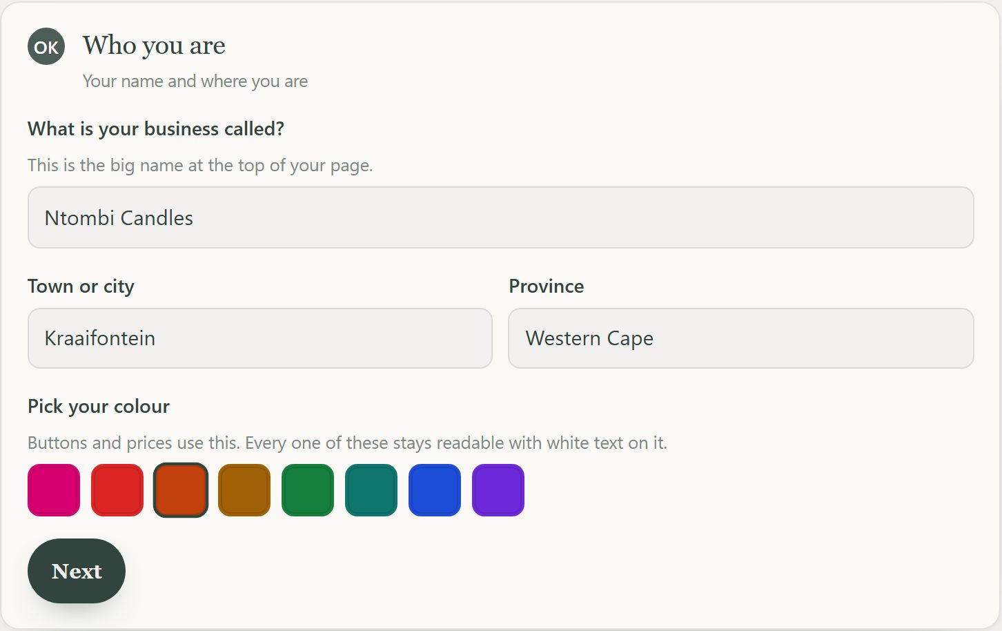Entering business name, town and colour