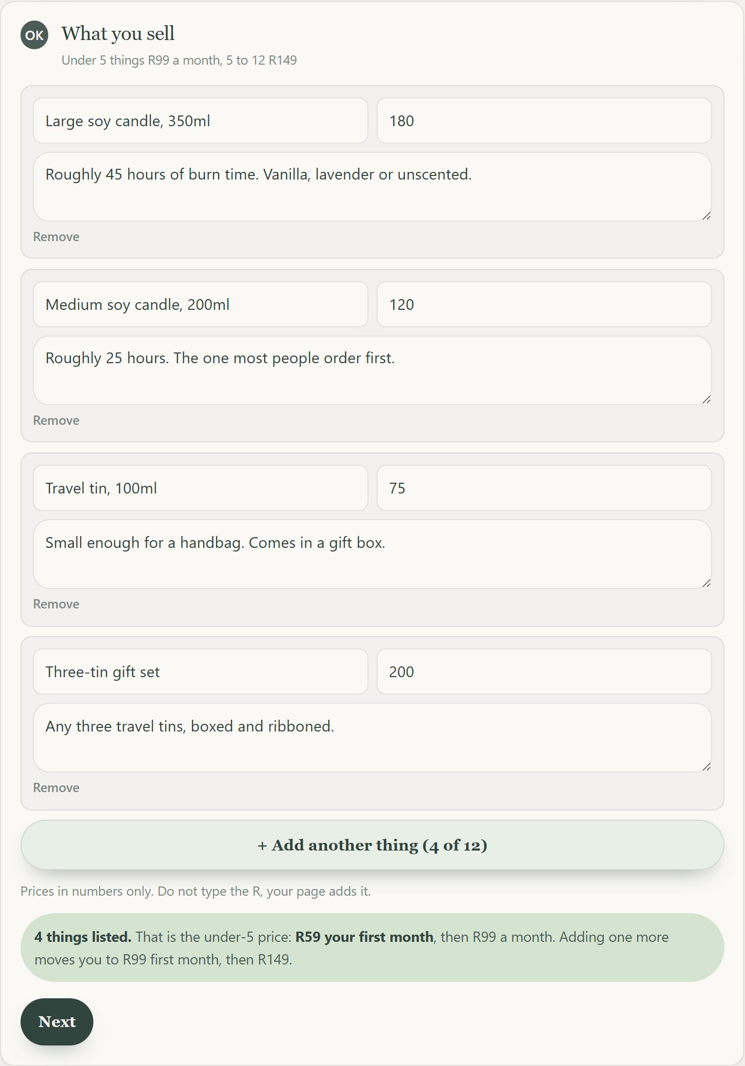 Items with names, prices and descriptions