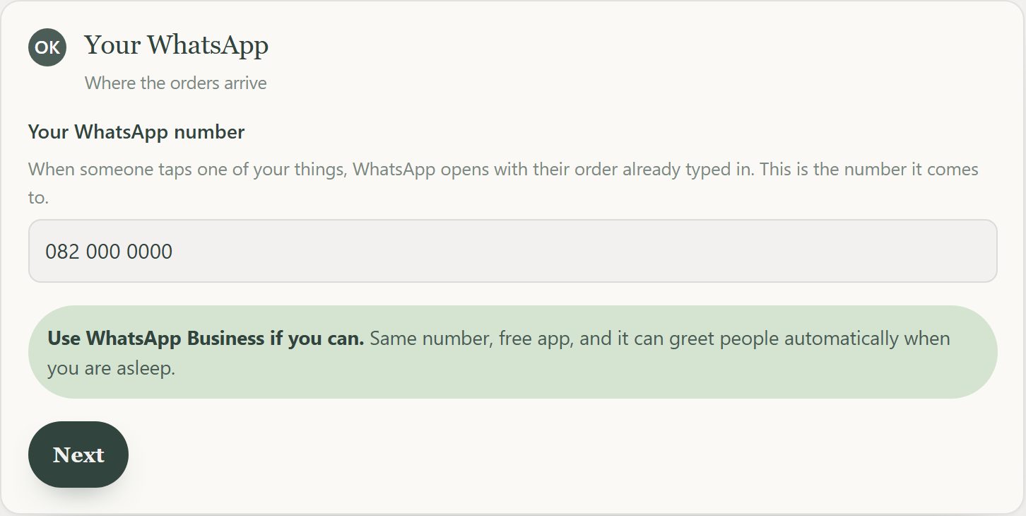 Entering the WhatsApp number