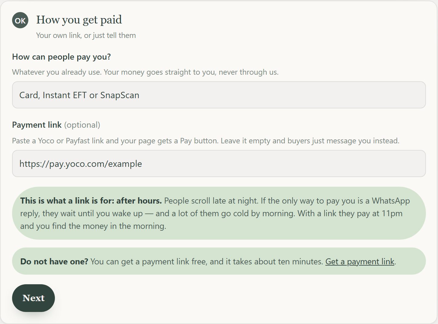 Payment methods and an optional payment link