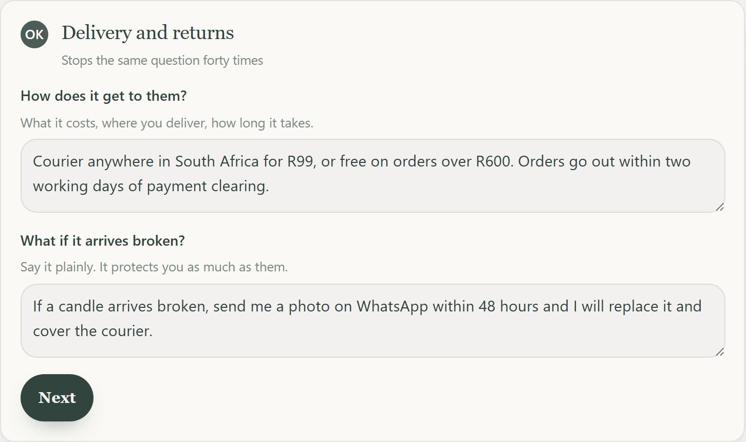 Delivery and returns wording