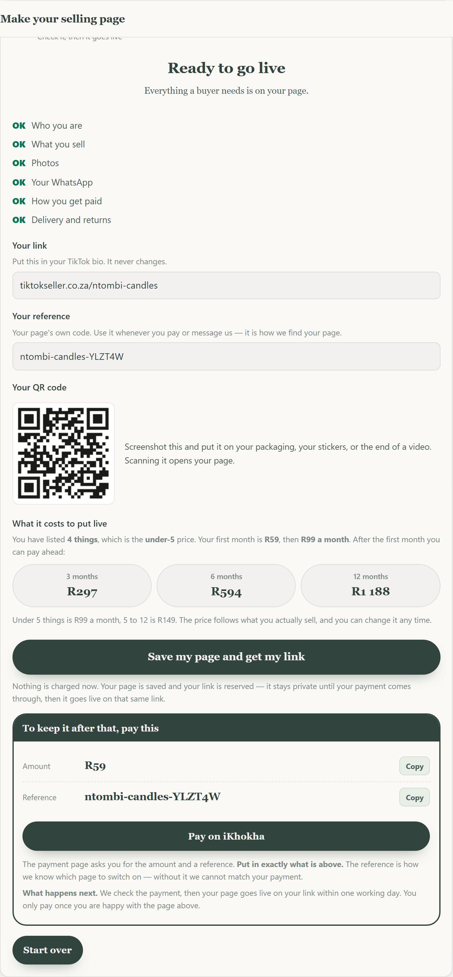 The finished page with link, reference code, QR code and payment